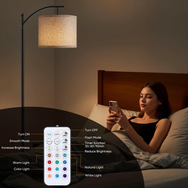 Alt view image 6 of 7 - Battery Operated Floor Lamp, RGB Dimmable Cordless Standing Lamp with Remote Control for Living Room, Tall Floor Lamp for Bedroom -Black