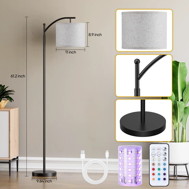 Alt view image 7 of 7 - Battery Operated Floor Lamp, RGB Dimmable Cordless Standing Lamp with Remote Control for Living Room, Tall Floor Lamp for Bedroom -Black