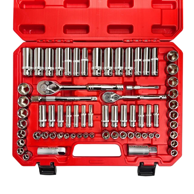 Main image of 69pcs 1/4&3/8"" Drive Impact Socket Set,Drive Master Socket Set,SAE/Metric, Deep & Shallow with Drive Head Ratchet,Drive Spark Plug Socket,Extension bar (3 & 6),6 Point,CR-V Steel, Mirror