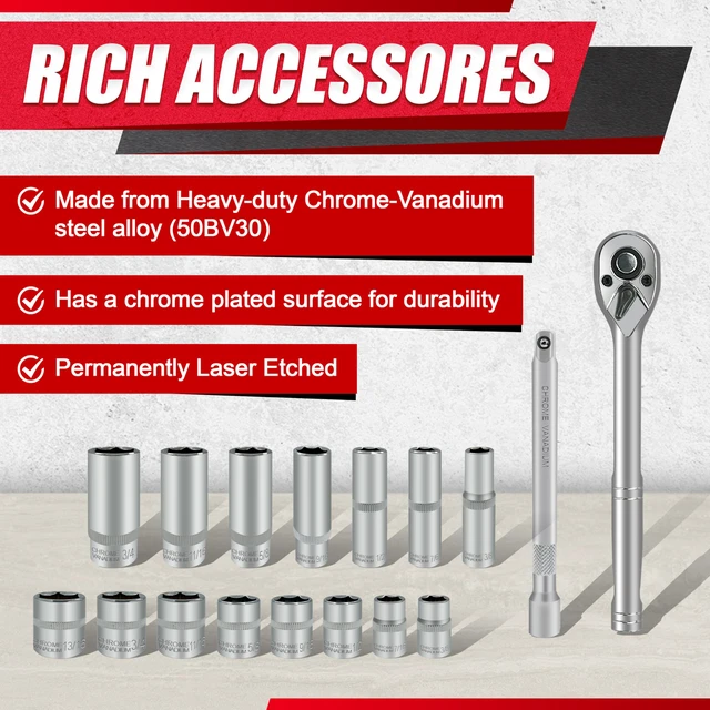 Alt view image 3 of 7 - 69pcs 1/4&3/8"" Drive Impact Socket Set,Drive Master Socket Set,SAE/Metric, Deep & Shallow with Drive Head Ratchet,Drive Spark Plug Socket,Extension bar (3 & 6),6 Point,CR-V Steel, Mirror