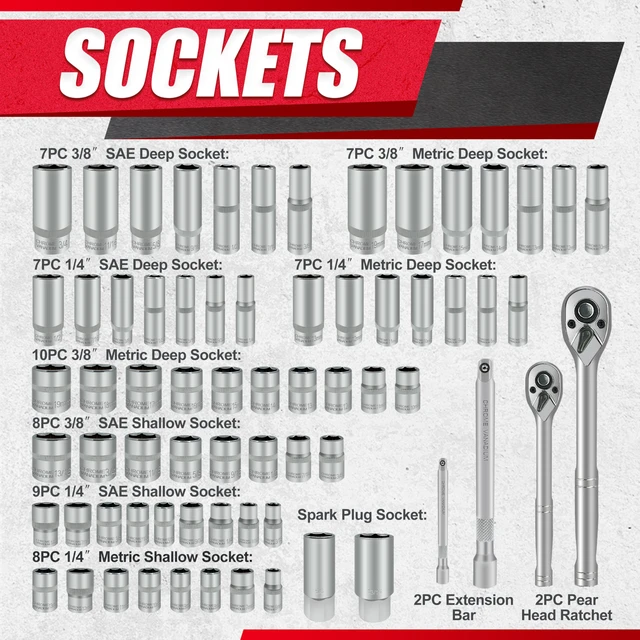 Alt view image 2 of 7 - 69pcs 1/4&3/8"" Drive Impact Socket Set,Drive Master Socket Set,SAE/Metric, Deep & Shallow with Drive Head Ratchet,Drive Spark Plug Socket,Extension bar (3 & 6),6 Point,CR-V Steel, Mirror