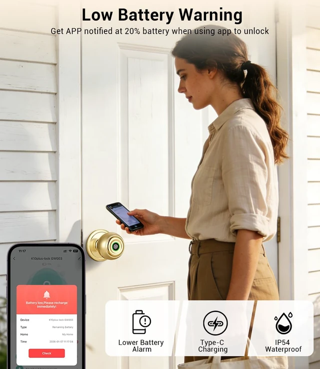 Alt view image 5 of 6 - Smart Door Lock, Smart Door Knob with Locks for Bedrooms, Auto Lock Biometric Door knob with App