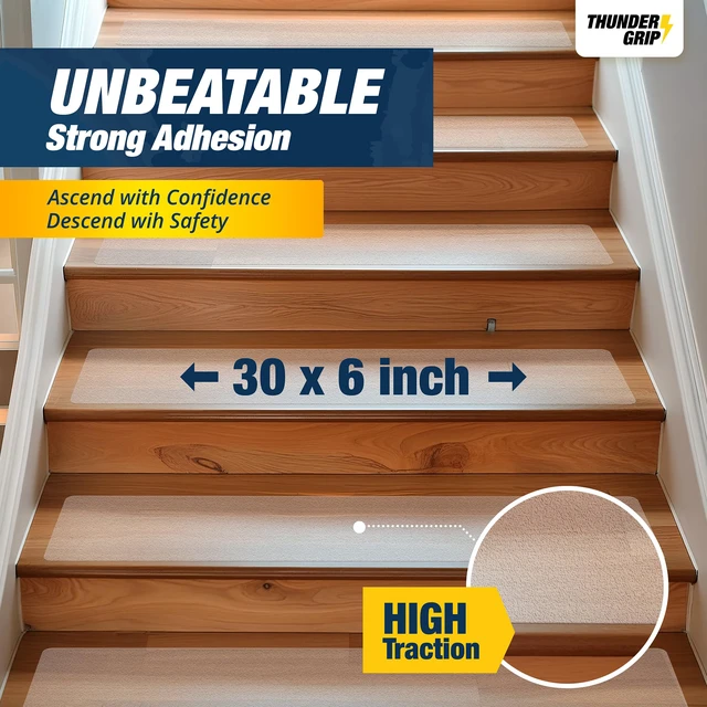 Alt view image 4 of 6 - Clear Stair Treads Non-Slip Indoor 30" x 6" 15-Pack - Stair Grips for Wood Anti Slip Adhesive Strips for Dogs & Elderly, Staircase Step Treads, Transparent Treads for Wood Stairs by