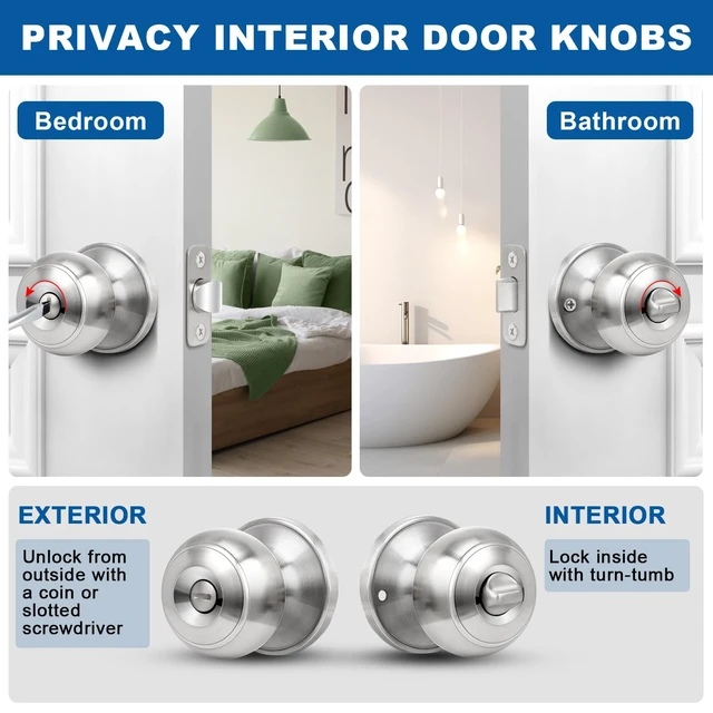 Alt view image 3 of 7 - Privacy Door Knob, 5 Pack Brushed Nickel Round Keyless Doorknobs Interior/Exterior Lockset, Privacy Locking Door Knobs for Bedroom/Bathroom, Modern Design Door Hardware
