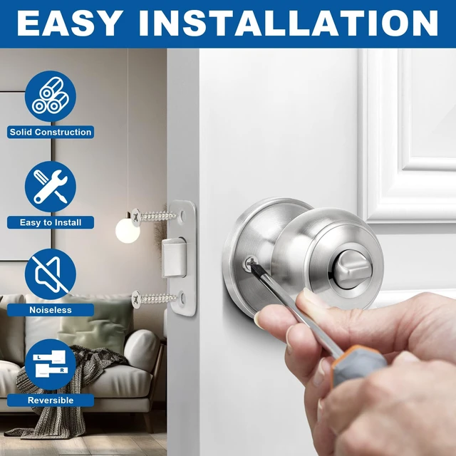 Alt view image 4 of 7 - Privacy Door Knob, 5 Pack Brushed Nickel Round Keyless Doorknobs Interior/Exterior Lockset, Privacy Locking Door Knobs for Bedroom/Bathroom, Modern Design Door Hardware
