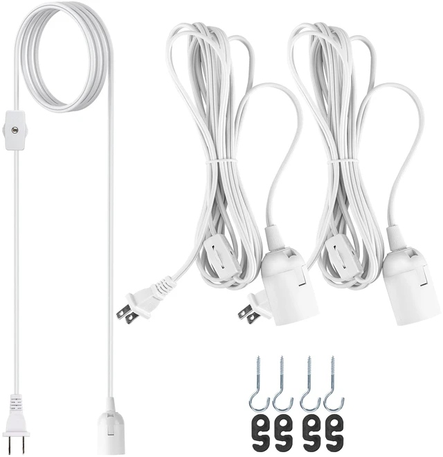 Main image of Extension Hanging Lantern Cord Cable Gear Switch UL 2-Pack 12Ft 360W with E26 E27 Socket Hooks + 2-Prong US AC Power Plugs, Extra Lighting for Garage, Closet, Dark Corner, Plants