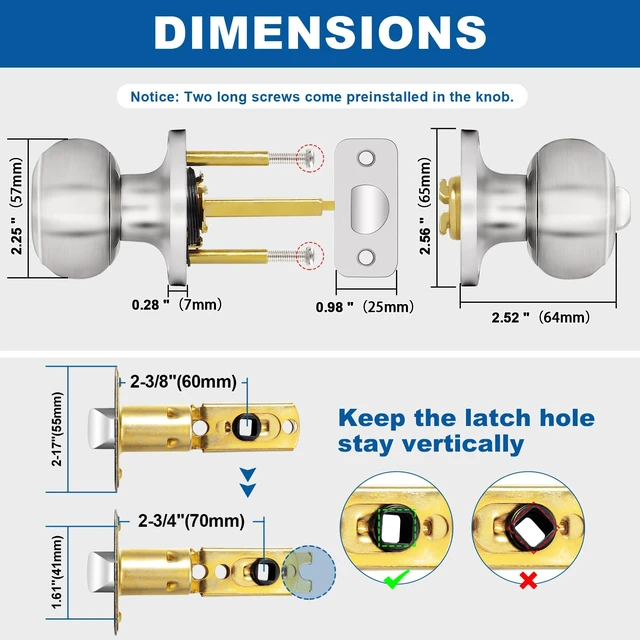 Alt view image 6 of 7 - Privacy Door Knob, 5 Pack Brushed Nickel Round Keyless Doorknobs Interior/Exterior Lockset, Privacy Locking Door Knobs for Bedroom/Bathroom, Modern Design Door Hardware