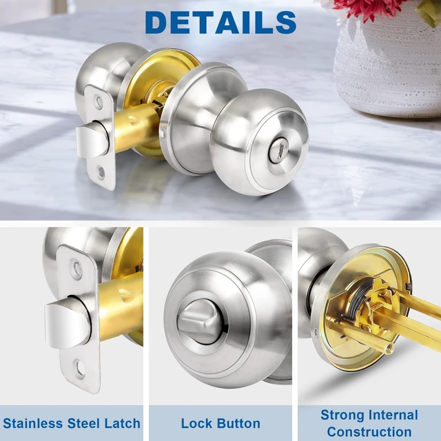 Alt view image 7 of 7 - Privacy Door Knob, 5 Pack Brushed Nickel Round Keyless Doorknobs Interior/Exterior Lockset, Privacy Locking Door Knobs for Bedroom/Bathroom, Modern Design Door Hardware