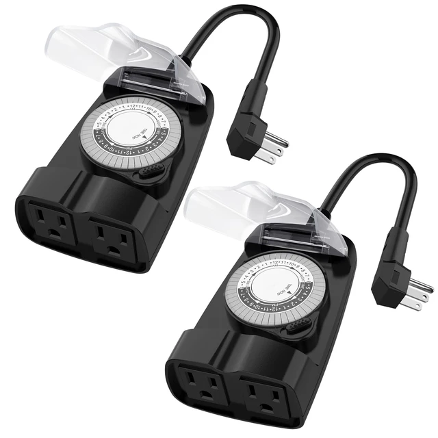Main image of 24 Hour Mechanical Outdoor Timer Outlet, Outdoor Timer for Lights, Waterproof, 2 Grounded Outlets, 15A 1/2HP, Heavy Duty, ETL Listed (2 Packs)