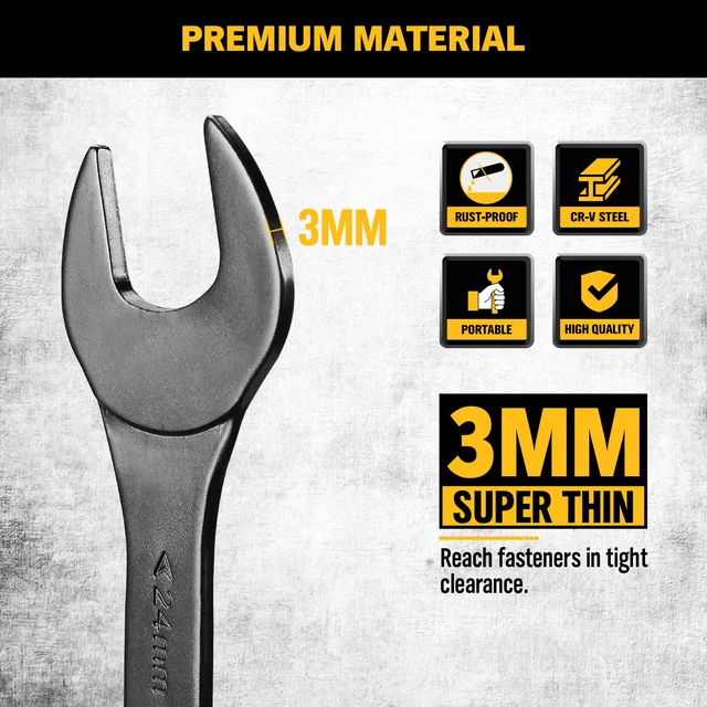 Alt view image 4 of 7 - 19-Piece Super-Thin Open End Wrench Set, Metric 5.527 mm & SAE 1/4"-1-1/16", CR-V Nickel Plated, 3 mm Thickness Ultra-Slim Wrench Set for Tight Spaces, Durable Roll-Up Pouch for Mechanics