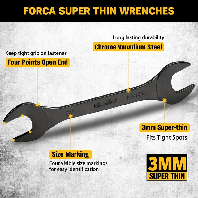 Alt view image 5 of 7 - 19-Piece Super-Thin Open End Wrench Set, Metric 5.527 mm & SAE 1/4"-1-1/16", CR-V Nickel Plated, 3 mm Thickness Ultra-Slim Wrench Set for Tight Spaces, Durable Roll-Up Pouch for Mechanics