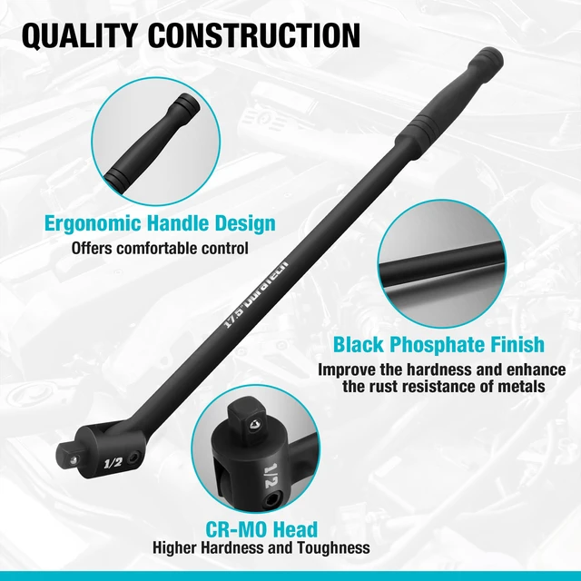 Alt view image 2 of 7 - 1/2" Drive 17.5-Inch Heavy Duty Breaker Bar with 240° Flex Head Spring-loaded Detent Ball, CR-MO Head, Premium Black Phosphate Finish, Ideal for Industrial, Construction, and Mechanic Tasks