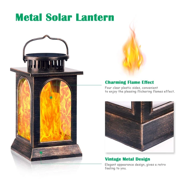 Alt view image 2 of 7 - Flickering Flame Solar Lights Outdoor Metal Hanging Lantern, 2 Pack Realistic Flame Effect, Charges in 6-8 Hours, 10-12-Hour Runtime, IP65 Waterproof, Auto On/Off for Patio, Garden and Porch