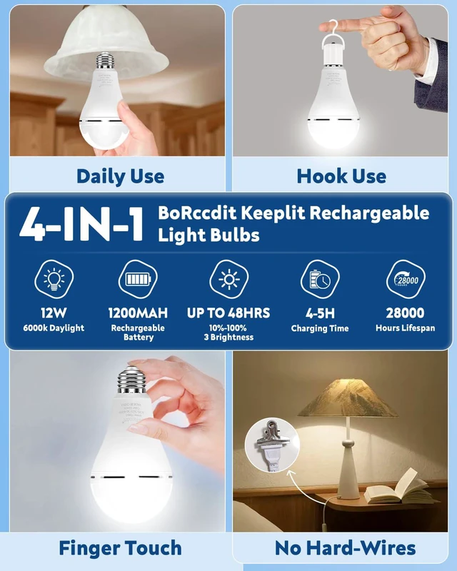Alt view image 6 of 7 - KeepLit 10 Pack Emergency Rechargeable Light Bulbs, 48H Long Lasting & 3 Brightness, 12W 5000K Battery Backup Emergency Light Bulbs for Home Power Outage Camping Hurricane