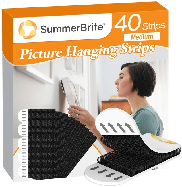 Main image of Damage Free Picture Hanging Strips, 20 Pairs, Medium, Black No tool installation, strong sticky hook and loop, damage-free removal, suited for dark frames, posters & signs