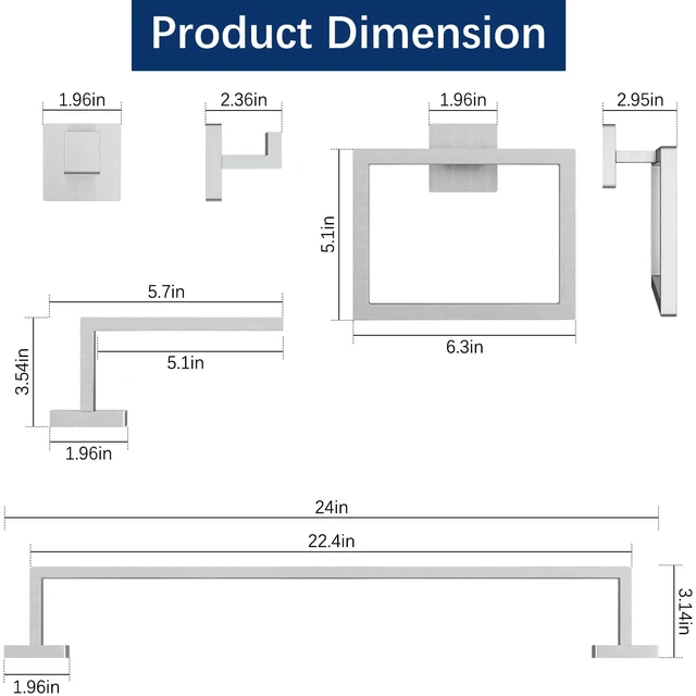 Alt view image 4 of 7 - 24Inch Bathroom Accessory Set Wall Mounted, Brushed Nickel 5-Pieces Stainless Steel Bathroom Hardware Set Towel Bar Set