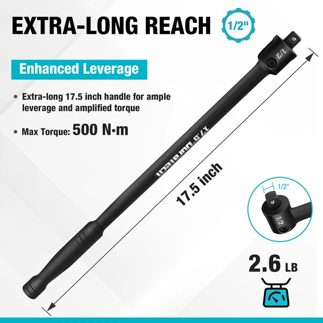 Alt view image 3 of 7 - 1/2" Drive 17.5-Inch Heavy Duty Breaker Bar with 240° Flex Head Spring-loaded Detent Ball, CR-MO Head, Premium Black Phosphate Finish, Ideal for Industrial, Construction, and Mechanic Tasks