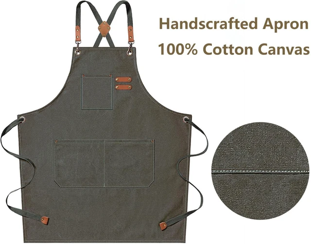 Alt view image 5 of 6 - Chef Aprons for Men Women with Oversized Pockets, 16-Ounce Cotton Canvas Cross Back Heavy Duty Work Apron (Grey Green)