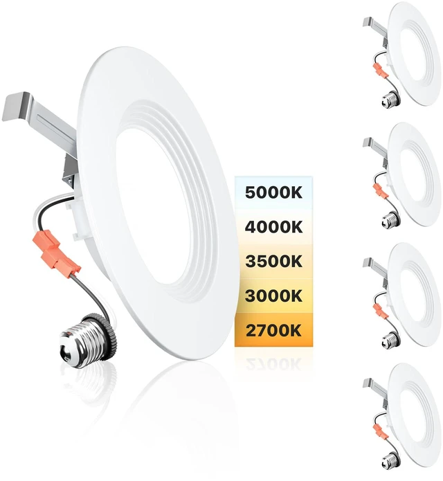 Main image of 5/6 Inch LED Recessed Can Lights, 5CCT, 9W, 1000LM, 4 Pack Retrofit Baffle Trim, 5%-100% Dimmable, 2700K-5000K Selectable CCT, Damp&IC Rated, ETL&FCC Certified, Quick E26 Install