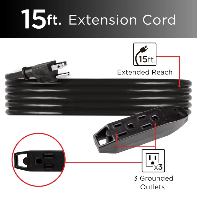 Alt view image 2 of 5 - 15 Ft 3 Outlet Indoor Extension Cord with Multiple Outlets 2 Pack Grounded Extension Cord Heavy Duty 16 Gauge ETL Listed Black 50791
