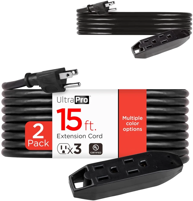Main image of 15 Ft 3 Outlet Indoor Extension Cord with Multiple Outlets 2 Pack Grounded Extension Cord Heavy Duty 16 Gauge ETL Listed Black 50791