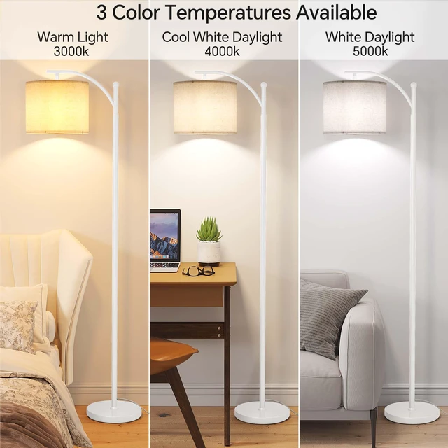 Alt view image 2 of 6 - Arc Floor Lamp, Modern Floor Lamp with 9W 3 Color Temperatures Bulb Metal Standing Lamps with Adjustable Hanging Lampshade, Tall Floor Lamps for Living Room, Bedroom, Office, White