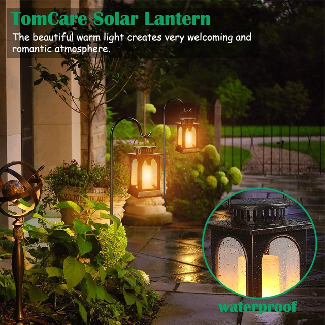 Alt view image 6 of 7 - Flickering Flame Solar Lights Outdoor Metal Hanging Lantern, 2 Pack Realistic Flame Effect, Charges in 6-8 Hours, 10-12-Hour Runtime, IP65 Waterproof, Auto On/Off for Patio, Garden and Porch