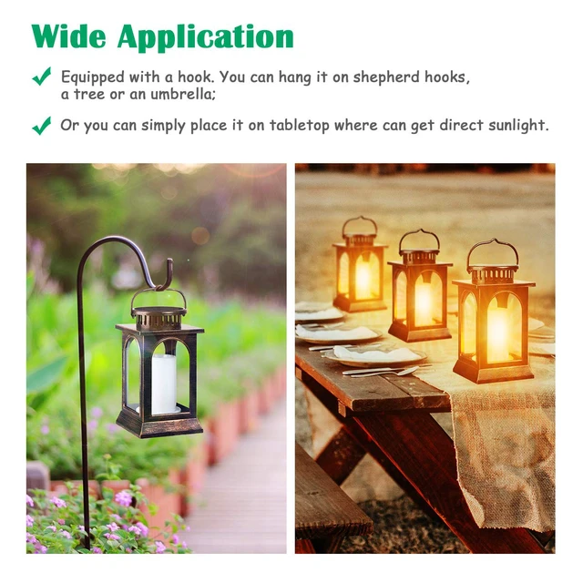Alt view image 5 of 7 - Flickering Flame Solar Lights Outdoor Metal Hanging Lantern, 2 Pack Realistic Flame Effect, Charges in 6-8 Hours, 10-12-Hour Runtime, IP65 Waterproof, Auto On/Off for Patio, Garden and Porch