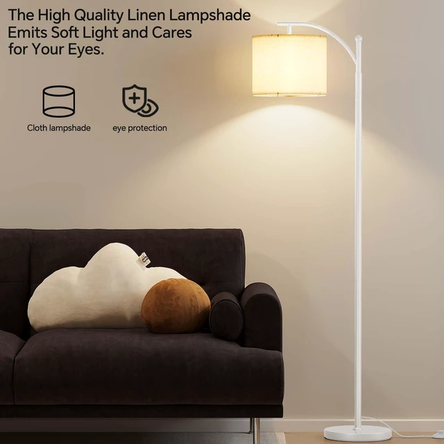 Alt view image 4 of 6 - Arc Floor Lamp, Modern Floor Lamp with 9W 3 Color Temperatures Bulb Metal Standing Lamps with Adjustable Hanging Lampshade, Tall Floor Lamps for Living Room, Bedroom, Office, White