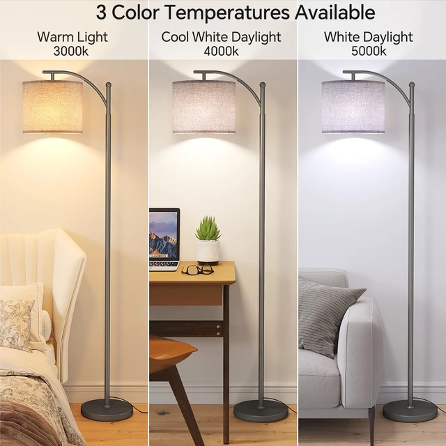 Alt view image 2 of 7 - Arc Floor Lamp, Modern Floor Lamp with 9W 3 Color Temperatures Bulb Metal Standing Lamps with Adjustable Hanging Lampshade, Tall Floor Lamps for Living Room, Bedroom, Office, Gray