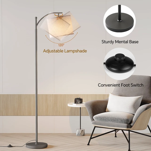 Alt view image 4 of 7 - Arc Floor Lamp, Modern Floor Lamp with 9W 3 Color Temperatures Bulb Metal Standing Lamps with Adjustable Hanging Lampshade, Tall Floor Lamps for Living Room, Bedroom, Office, Gray