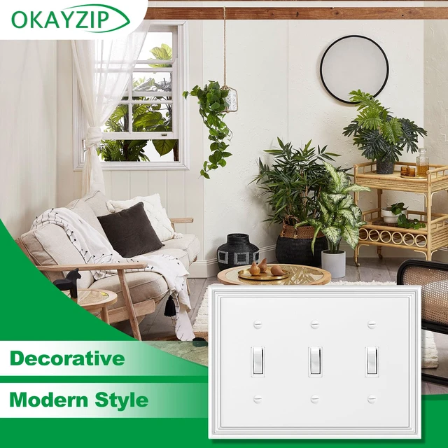 Alt view image 4 of 6 - White Decorative 3 Switch Light Switch Cover Plate Natural Material Triple Toggle Switch Plate Covers - Modern Style 3 Gang Wall Plates
