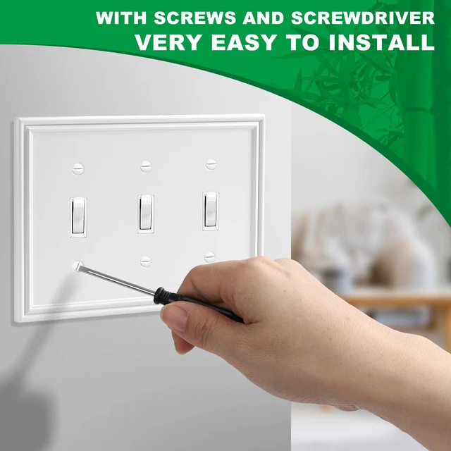 Alt view image 6 of 6 - White Decorative 3 Switch Light Switch Cover Plate Natural Material Triple Toggle Switch Plate Covers - Modern Style 3 Gang Wall Plates