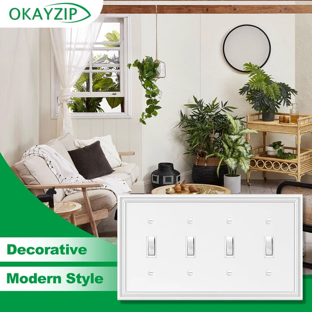 Alt view image 4 of 6 - White Decorative 4 Toggle Switch Light Switch Covers Plate Natural Material Switch Plate Covers - 1 Pack Modern Style 4 Gang Wall Plates