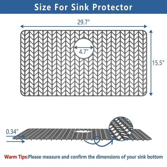 Alt view image 2 of 7 - Silicone Sink Protectors for Kitchen Sink, 30" x 16" Rear Drain Hole Flexible silicone, heat resistant 500°F, non-slip raised feet, dishwasher safe, fits stainless and farmhouse sinks, multi-use