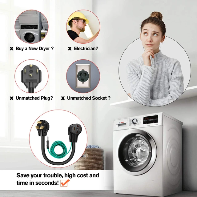 Alt view image 3 of 7 - 1.5 FT 4 Prong to 3 Prong Dryer Adapter, 30 Amp Dryer Outlet Plug Power Cord, NEMA 10-30P Male to 14-30R Female Three Prong Converter, 250V 3prone Old Clothes Dryer Connector w/Ground Wire
