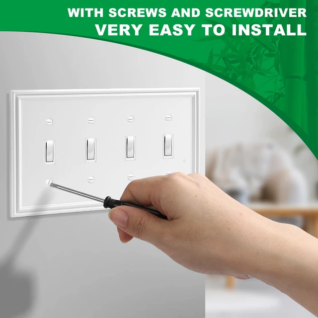Alt view image 6 of 6 - White Decorative 4 Toggle Switch Light Switch Covers Plate Natural Material Switch Plate Covers - 1 Pack Modern Style 4 Gang Wall Plates