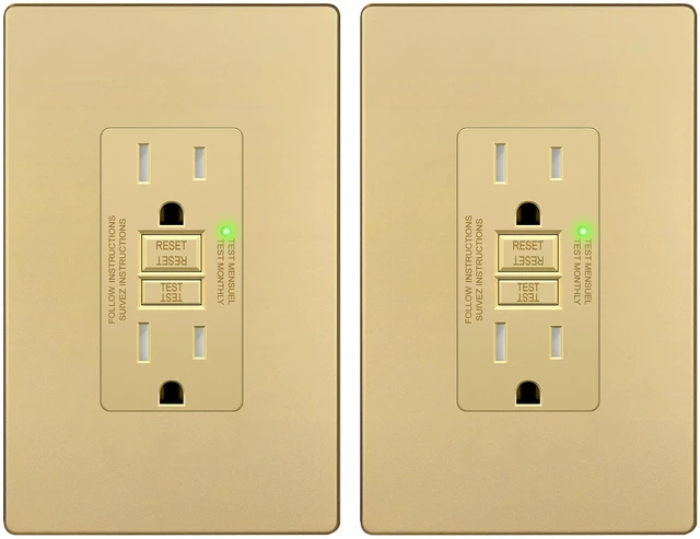 Main image of GFCI Outlet 15Amp, GFCI Receptacle, ETL Listed, Matte Gold, 2-Pack Tamper-Resistant, Ground Fault Protection, Self-Test, LED Indicator, No-False-Trip Performance, Screwless Wall Plate, Anti-In