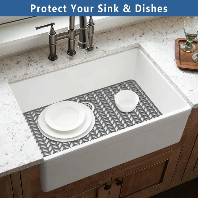Alt view image 6 of 7 - Silicone Sink Protectors for Kitchen Sink, 30" x 16" Rear Drain Hole Flexible silicone, heat resistant 500°F, non-slip raised feet, dishwasher safe, fits stainless and farmhouse sinks, multi-use