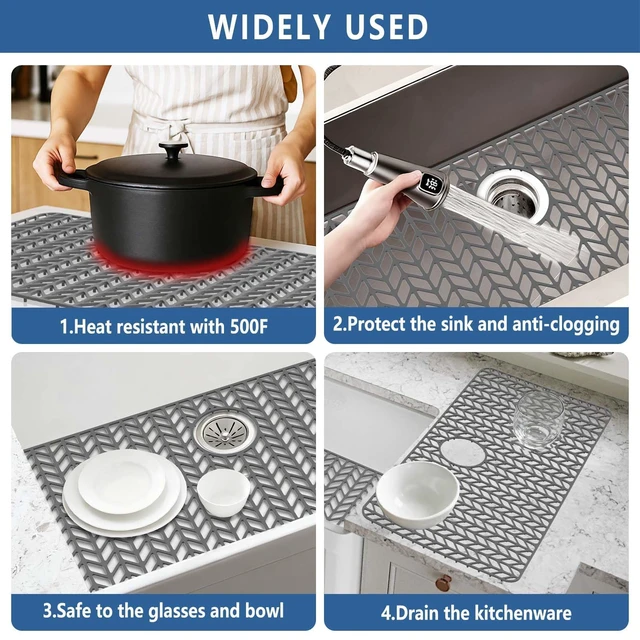 Alt view image 7 of 7 - Silicone Sink Protectors for Kitchen Sink, 30" x 16" Rear Drain Hole Flexible silicone, heat resistant 500°F, non-slip raised feet, dishwasher safe, fits stainless and farmhouse sinks, multi-use