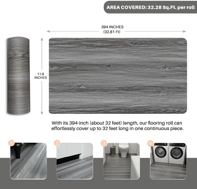 Alt view image 3 of 7 - Woodgrain Vinyl Floor Roll, 11.8" x 394", QuickApply Peel & Stick Cover 32.29 Sq,ft, Soft woodlook finish, Nonslip texture, Long rolls reduce seams, Lowmaintenance surface, Easy to cut
