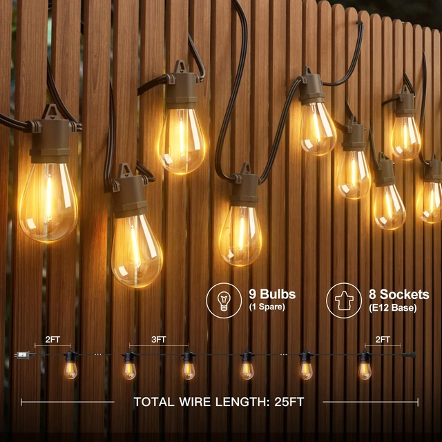 Alt view image 6 of 7 - 25FT LED Outdoor String Lights, Waterproof Dimmable Bulbs for Patio UL Listed, Remote Control. Shatterproof Edison Bulbs, Timer, Linkable, 2700K Warm White. For Backyard, Pergola, Deck, Garden