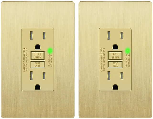 Main image of GFCI Outlet 15Amp, Brushed Wall Plate, ETL Listed, Matte Gold, 2-Pack Tamper-Resistant, LED Indicator, Screwless Wall Plate, GFCI Receptacle, Thermoplastic, No-False-Trip, Matte Gold