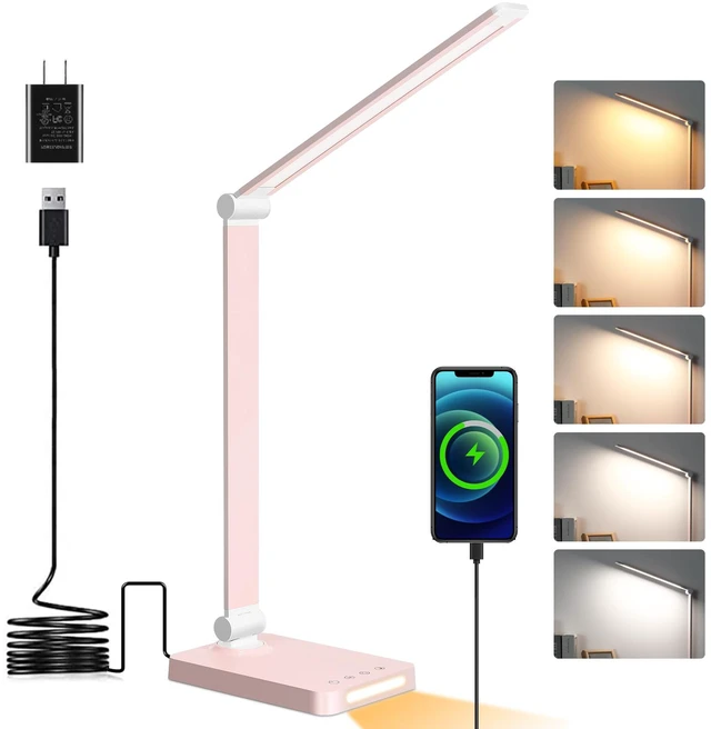 Main image of LED Desk Lamp with USB Ports,Touch Desk Lamps for Home Office with 5 Modes 3 Brightness Desk Light with Small Night Light,Reading Lamp Table Lamp for Bedroom Bedside Study Pink with adapter