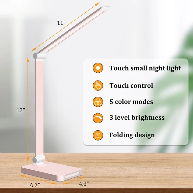 Alt view image 3 of 6 - LED Desk Lamp with USB Ports,Touch Desk Lamps for Home Office with 5 Modes 3 Brightness Desk Light with Small Night Light,Reading Lamp Table Lamp for Bedroom Bedside Study Pink with adapter