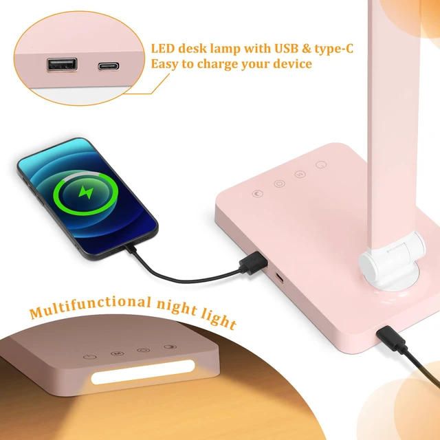 Alt view image 4 of 6 - LED Desk Lamp with USB Ports,Touch Desk Lamps for Home Office with 5 Modes 3 Brightness Desk Light with Small Night Light,Reading Lamp Table Lamp for Bedroom Bedside Study Pink with adapter