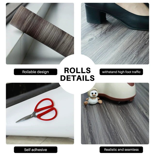 Alt view image 4 of 7 - Wood Grain Peel and Stick Floor Tiles, 11.8" W × 118" L, Dark Color Soft woodlook finish, Works on many surfaces, Easy to cut, Nonslip texture, Good for renters and DIY users, Removable