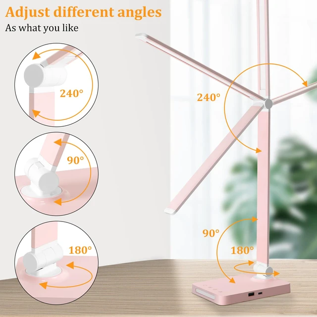 Alt view image 6 of 6 - LED Desk Lamp with USB Ports,Touch Desk Lamps for Home Office with 5 Modes 3 Brightness Desk Light with Small Night Light,Reading Lamp Table Lamp for Bedroom Bedside Study Pink with adapter