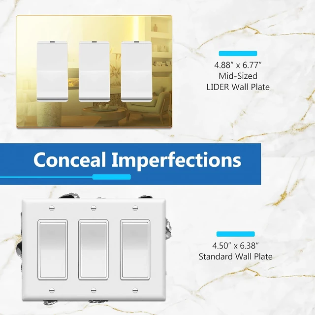 Alt view image 2 of 7 - Triple Decorator Wall Plate, Mid-Size 3-Gang, Mirror Glass Gold Screwless Light Switch/Outlet Cover, Impact Resistant, Reflective, Plexiglass, Tough And Heat Resistant, Easy Installation