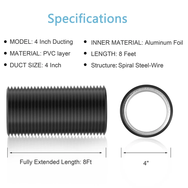 Alt view image 5 of 7 - 4" x 8FT Aluminum Foil Insulated Flexible Duct, Dryer Vent Hose for HVAC Ventilation and Duct Fan Systems, 2 Clamps Include